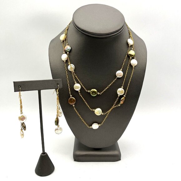 18k GF Natural Coin Pearl Necklace Triple Strand With Pierced Earrings Set 16" - Picture 6 of 11
